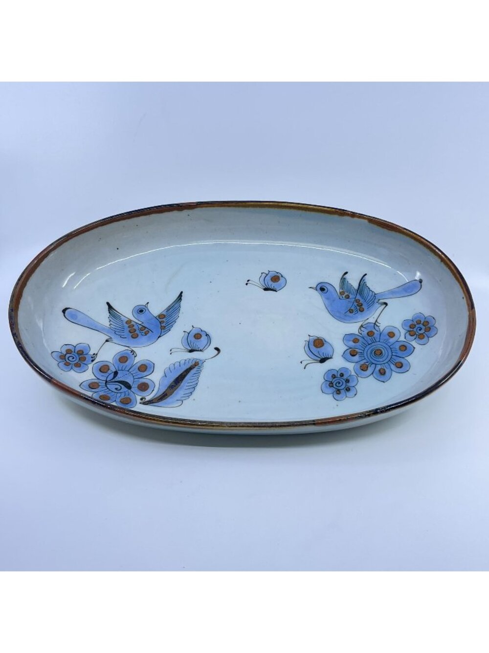 vintage hand-painted tonala ceramic oval serving platter bird & floral design